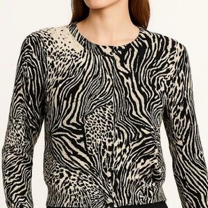 Cable&Gage Sweater Zebra Print 3/4 Cardigan Lady Jacket Diamonty Button BLK/CR M